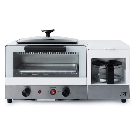 3-in-1 Breakfast Maker - Toaster Oven, Coffee Maker & Griddle - Stainless Steel & White - Compact Kitchen Appliance for Dorms, RVs, & Small Spaces