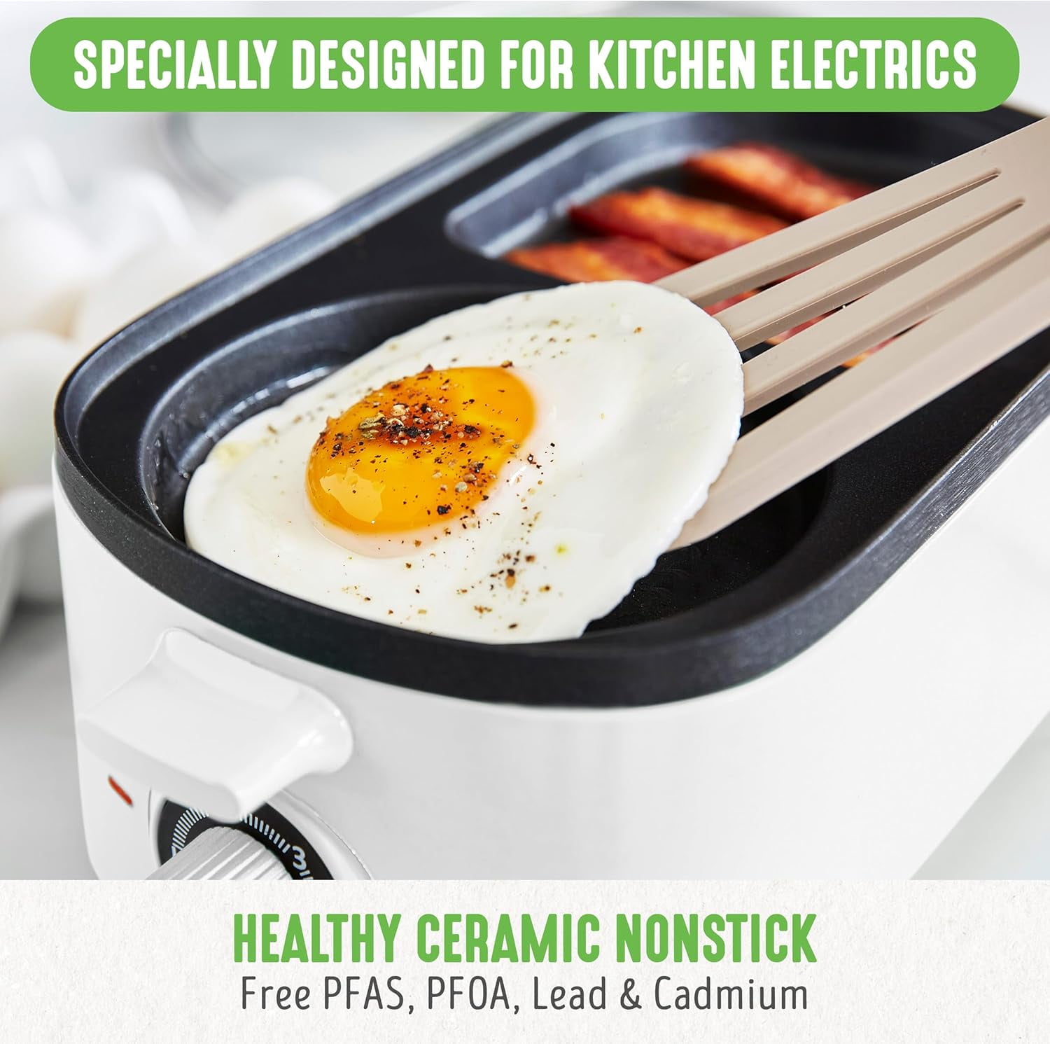 3-in-1 Breakfast Station  Ceramic Nonstick Dual Griddles & 2-Slice Toaster, Adjustable Timer, White