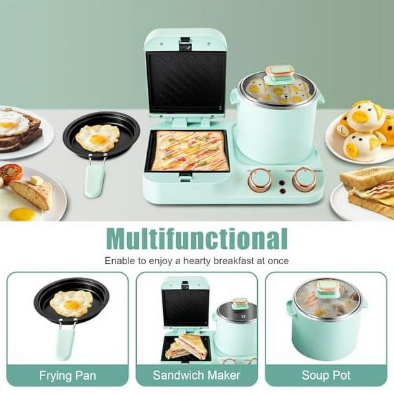 3 in 1 Breakfast Station, Electric Mini Multifunctional Toaster Soup Pot Frying Pan Pot Cover Non-Stick Bread Breakfast Sandwich Maker