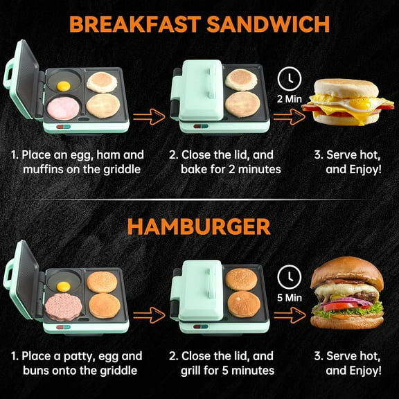 3 in 1 Breakfast Station with Nonstick Griddle & Grill, Make Sandwiches, Burgers, Hot Dogs & Pancakes