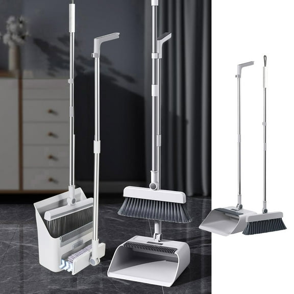 3-in-1 Broom and Dustpan Set - 33 Long Handle, Space-Saving, Rotating Head, Heavy-Duty Bristle for Home & Office Cleaning - White