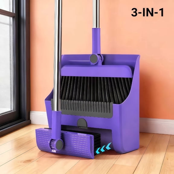 Michnild  3in1 Broom and Dustpan Set with Adjustable Push Teeth Broom Long Handle Sweeping Combo,Purple