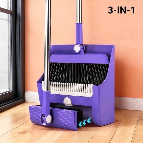 Jiasling 3 in 1 Broom and Dustpan Set with Floor Brush Foldable Household Cleaning Tool Set, Purple