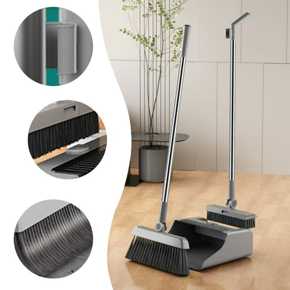 Hzgobj 3-in-1 Broom and Dustpan Set,Stainless Steel Handle Household Cleaning Combo,180-Degree Rotatable Floor Brush with Built-In Hair Comb,Efficient Dust and Debris Collector for Home,Office-Gray