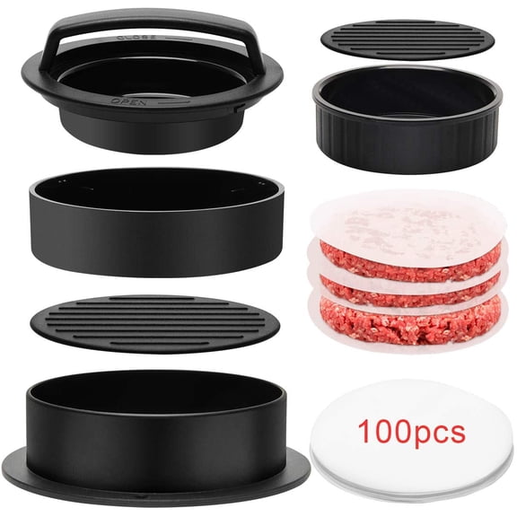 3 in 1 Burger Press, Hamburger Patty Maker Stuffed Burgers Press with 100p Hamburger Paper for BBQ Non-Stick Sliders Beef Hamburger Push (Black)