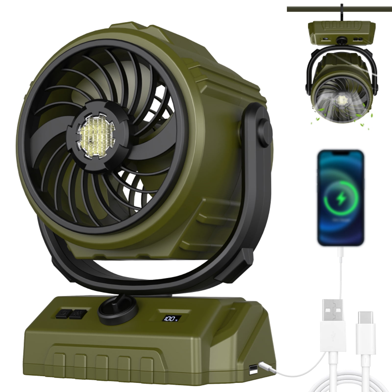 3-in-1 Camping Fan, Portable Fan Rechargeable 20000mAh Cordless Battery Powered Fan with LED Lantern, USB C Charging, LCD Display, Shaking Head, Hanging and Desk Fan for Indoors Outdoors