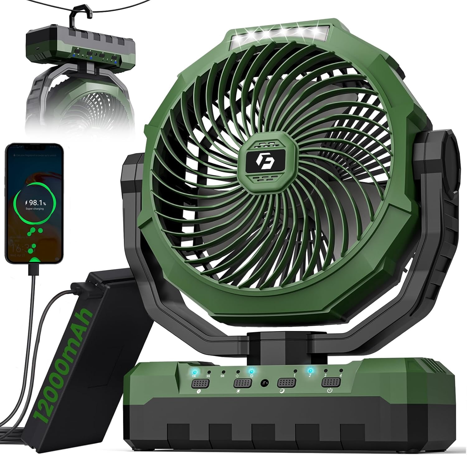3-in-1 Camping Fan - Portable Rechargeable Fans - 12000mAh 9-Inch Battery Operated Fan(70Hrs) with Light & Remote for Indoor, Outdoor, Tent, Travel, BBQ, Fishing, Jobsite - Green