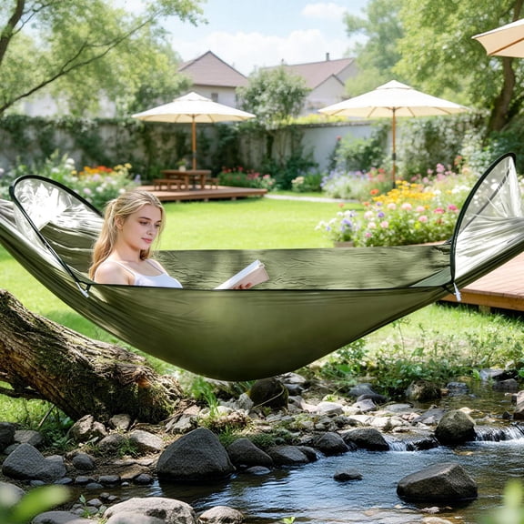 3-in-1 Camping Hammock with Auto Pop-Up Mosquito Net, 440lbs Capacity,Ultralight, Dual Zipper, for Camping, Hiking, Backpacking, Beach & Backyard