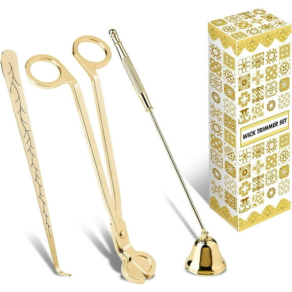3 in 1 Candle Wick Trimmer, Candle Snuffer, Bell Shaped Candle Wick Dipper, Oil Lamp Scissor Cutter Tool Stainless Steel Candle Accessories Set(Gold)