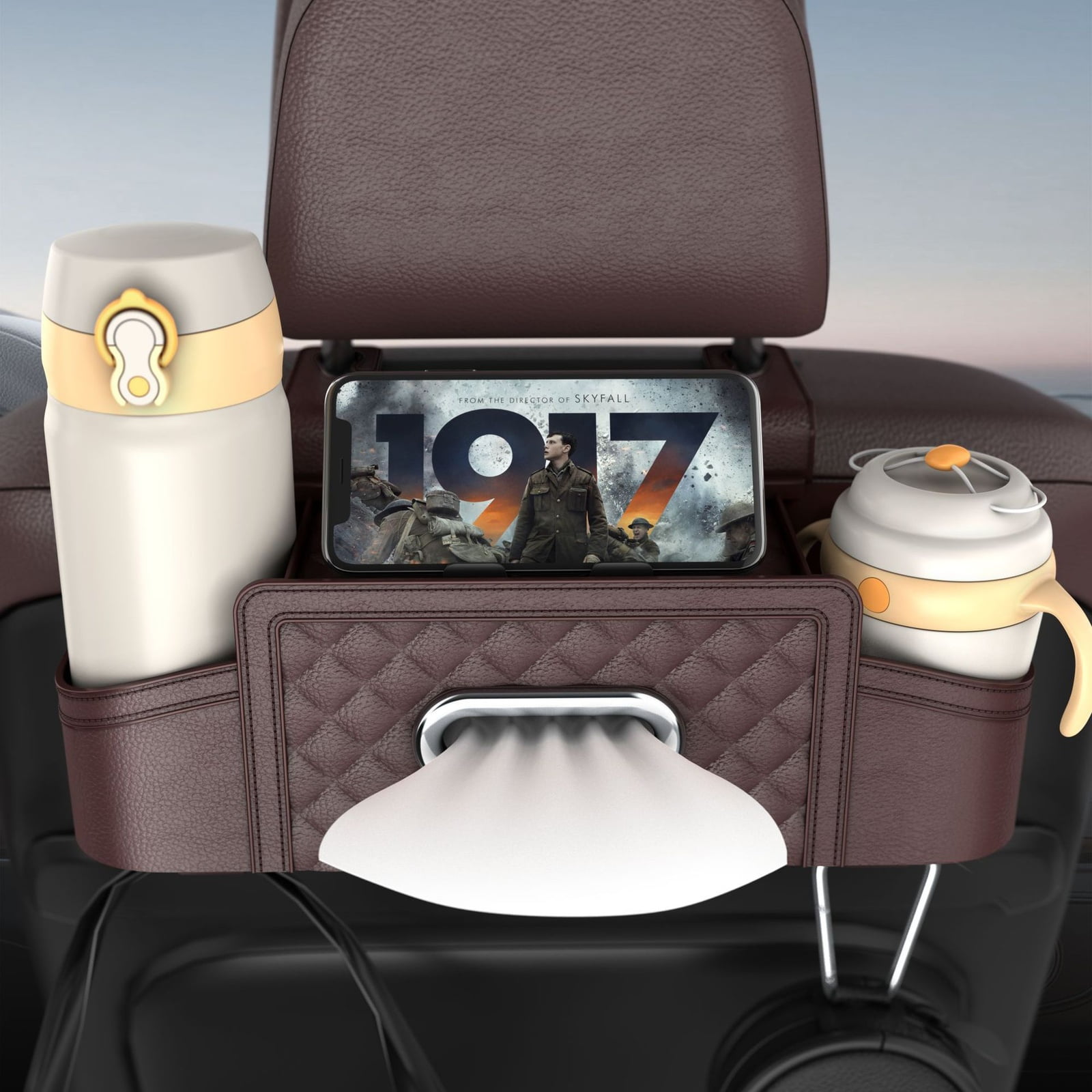 3-in-1 Car Backseat Organizer with Cup Holder Tissue Box and Hooks, Multifunctional Car Seat Back Storage Box, Car Headrest Backseat Organizer for Travel SUV Sedan Truck Car Accessories