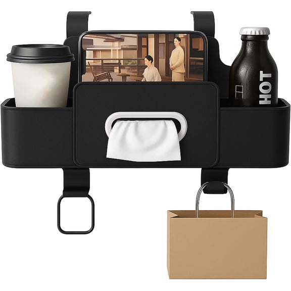 3-in-1 Car Backseat Organizer – Multifunctional Car Seat Back Storage Box with Tissue Holder, Cup Holders & Hooks, Leather Car Organizer for Phone, Drinks, and Handbag