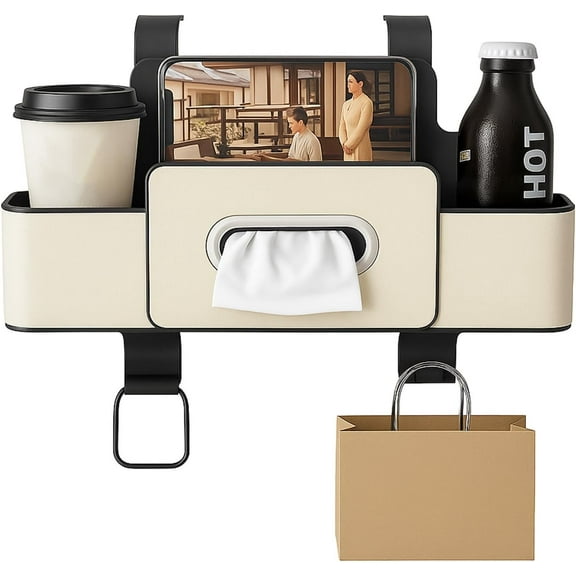 3-in-1 Car Backseat Organizer – Multifunctional Car Seat Back Storage Box with Tissue Holder, Cup Holders & Hooks, Leather Car Organizer for Phone, Drinks, and Handbag