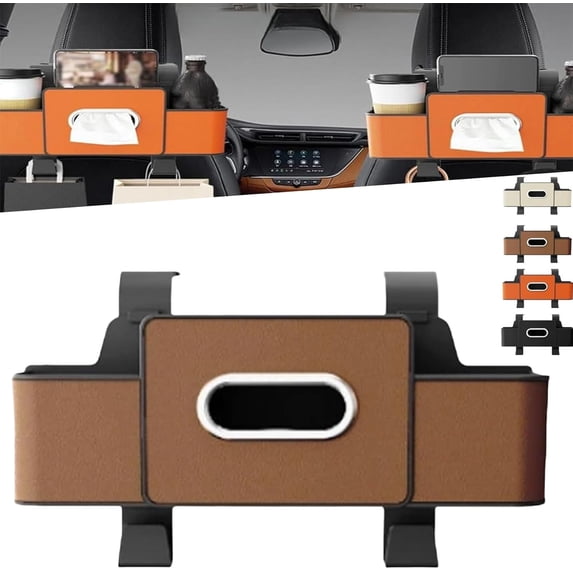 3-in-1 Car Backseat Organizer, Multifunctional Car Seat Back Storage Box, Universal Cars Back Seat Storage Organizer Tissue Box and Storage with 2 Cup Holders and Hanging Hooks (Brown)