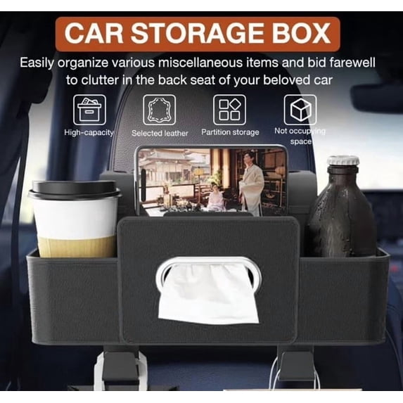 3-in-1 Car Backseat Organizer Multifunctional Car Seat Back Storage Box with Tissue Cup Holders Hooks Leather Car Organizer for Phone Drinks