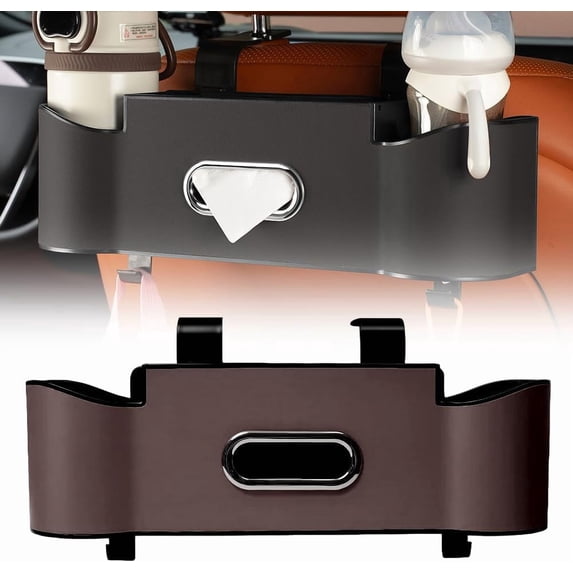 3-in-1 Car Backseat Organizer, Upgrade Seat Back Storage Box with Cup Holder & Hooks, Holds Phones Snacks Drinks Handbags for Tidy Car (Brown)