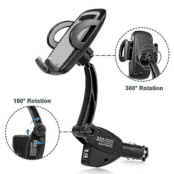 3-in-1 Car Mount Cigarette Lighter Rotatable Phone Holder With Dual Usb Ports