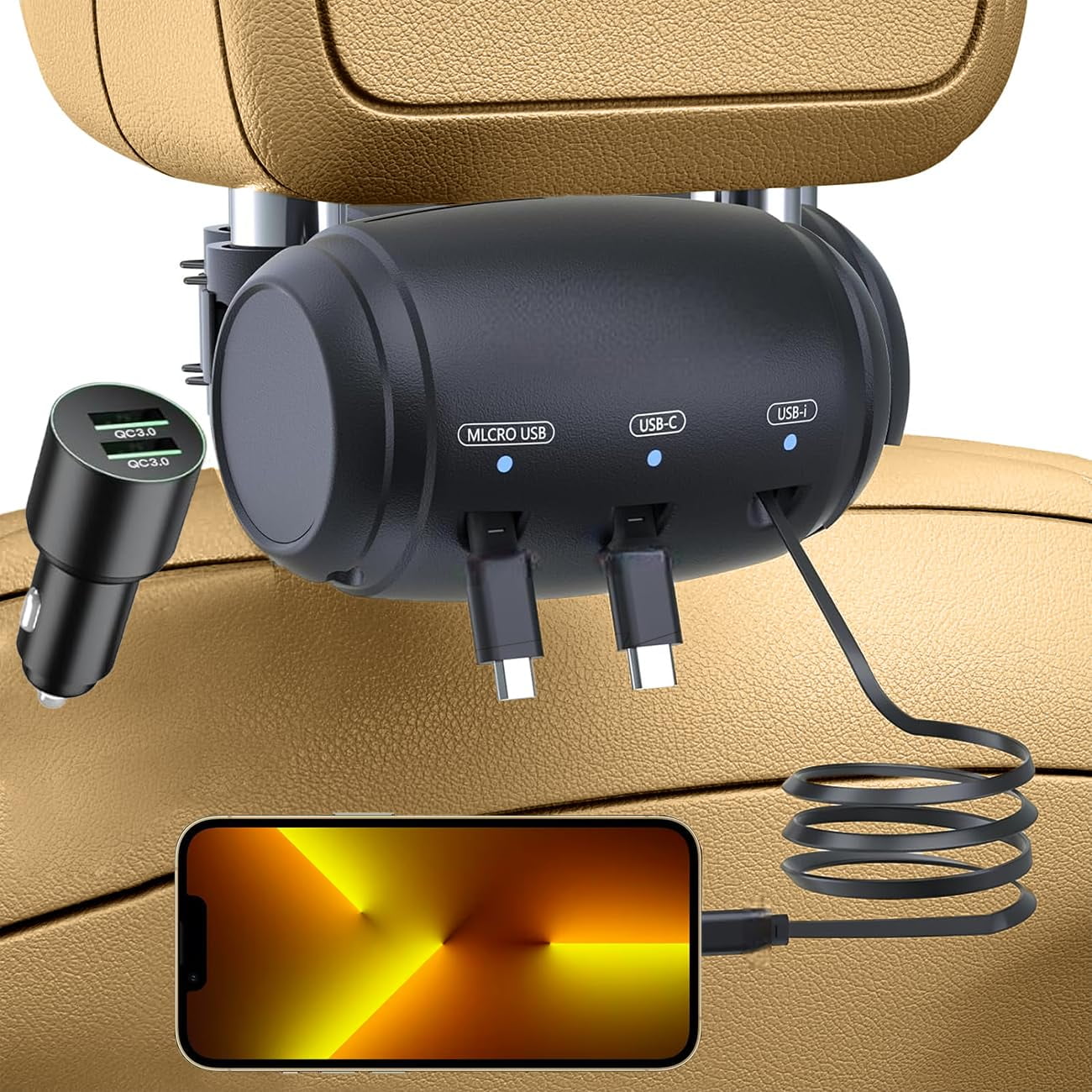3 in 1 Carbackseat Charger with Retractable Cables, Intelligent