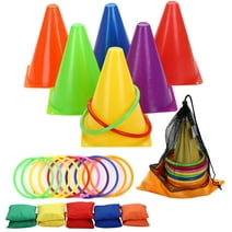 3 in 1 Carnival Outdoor Games Combo Set Cornhole Bean Bags Ring Toss Game Soft Plastic Cones Birthday Party Kids Games-26 Pcs