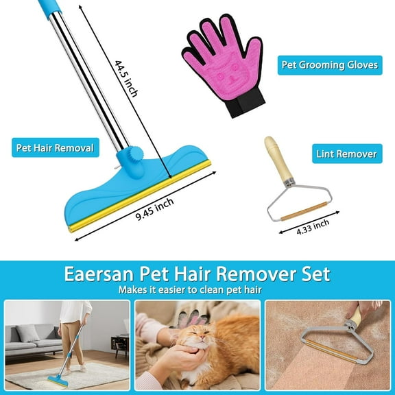 3 in 1 Carpet Rake Kit for Pet Hair Removal Tool - 45 Adjustable Long Handle, Reusable Scraper for Dog Cat Deep Cleaning on Rugs Mats Furniture