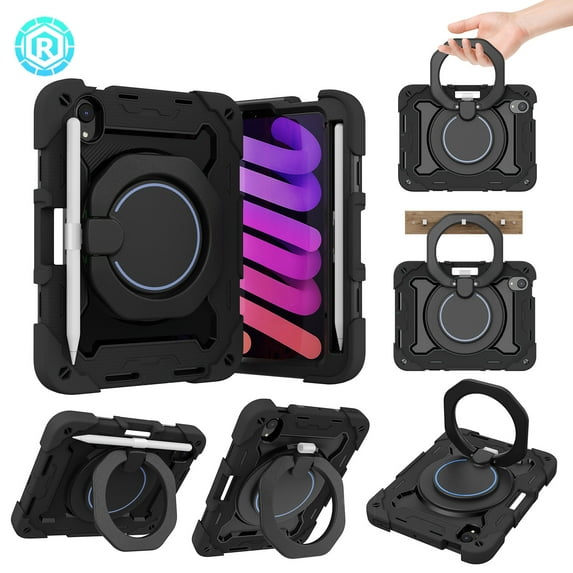 3-in-1 Case for Apple iPad Mini 2021 (8.3 Inch, 6th Generation) Tablet - Shockproof Drop Proof Rugged Cover, Built-in Pencil Holder /Kickstand /Handle, Protective Hard Shell (Black)