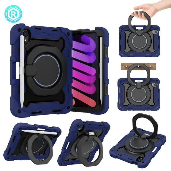 3-in-1 Case for Apple iPad Mini 2021 (8.3 Inch, 6th Generation) Tablet - Shockproof Drop Proof Rugged Cover, Built-in Pencil Holder /Kickstand /Handle, Protective Hard Shell (Dark Blue)