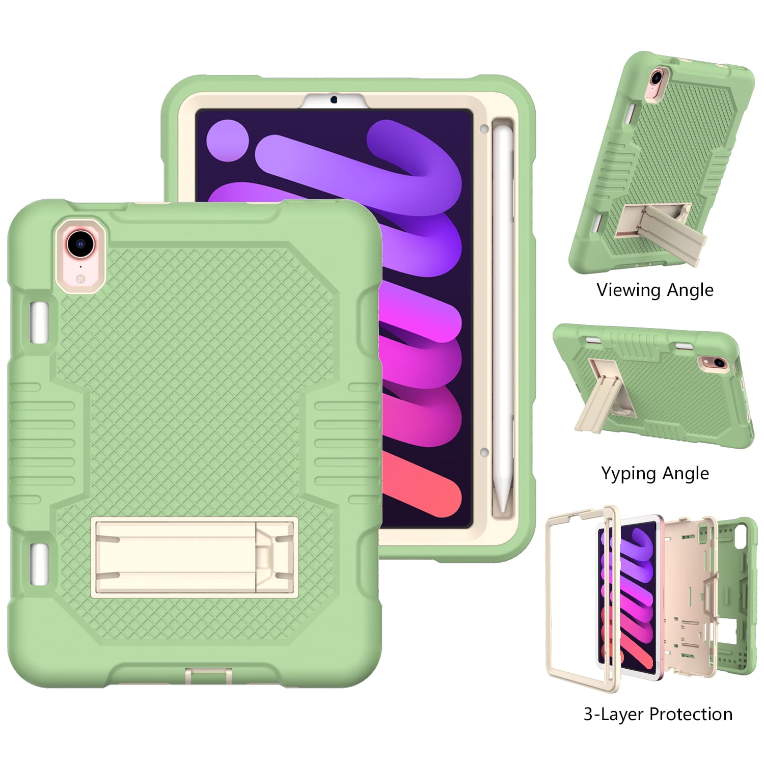 3-in-1 Case for Apple iPad Mini 2021 (8.3 Inch, 6th Generation) Tablet - Silicone/Plastic Composite Case, Shockproof Drop Proof Rugged Cover, Built-in Pencil Holder Kickstand Hard Shell (Light Green)
