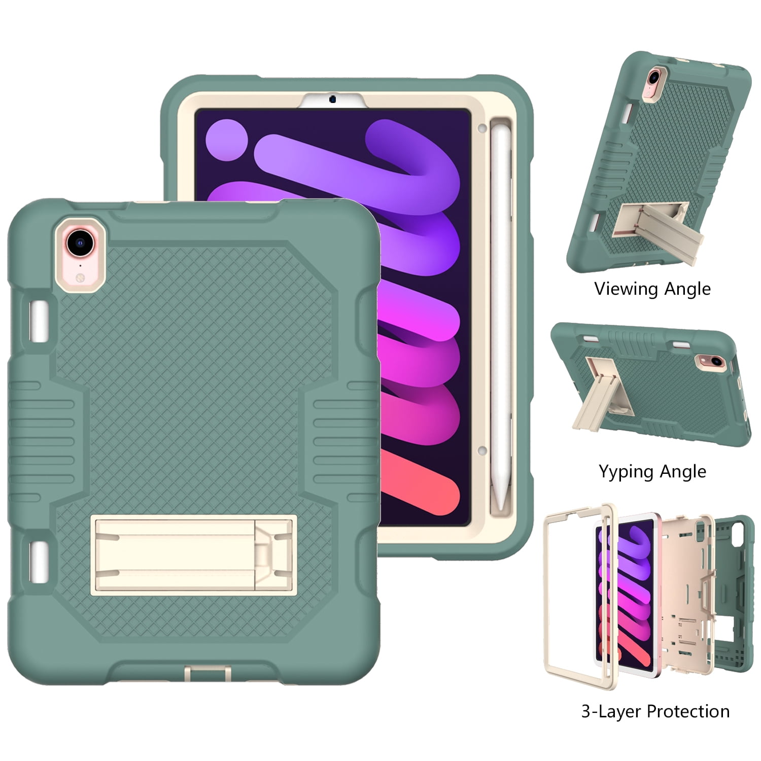 3-in-1 Case for Apple iPad Mini 2021 (8.3 Inch, 6th Generation) Tablet - Silicone/Plastic Composite Case, Shockproof Drop Proof Rugged Cover, Built-in Pencil Holder Kickstand Hard Shell (Green)