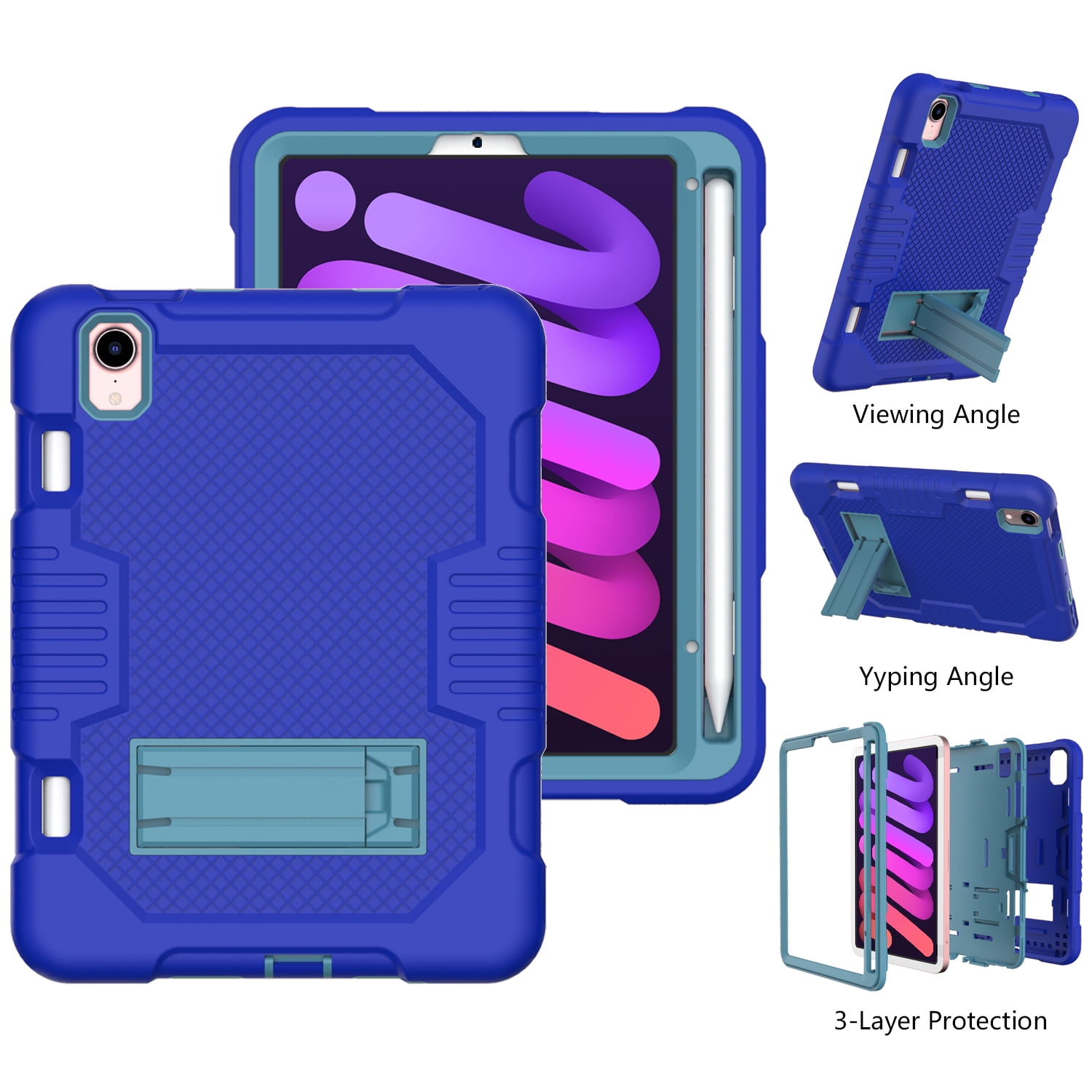 3-in-1 Case for Apple iPad Mini 2021 (8.3 Inch, 6th Generation) Tablet - Silicone/Plastic Composite Case, Shockproof Drop Proof Rugged Cover, Built-in Pencil Holder Kickstand Hard Shell (Blue)