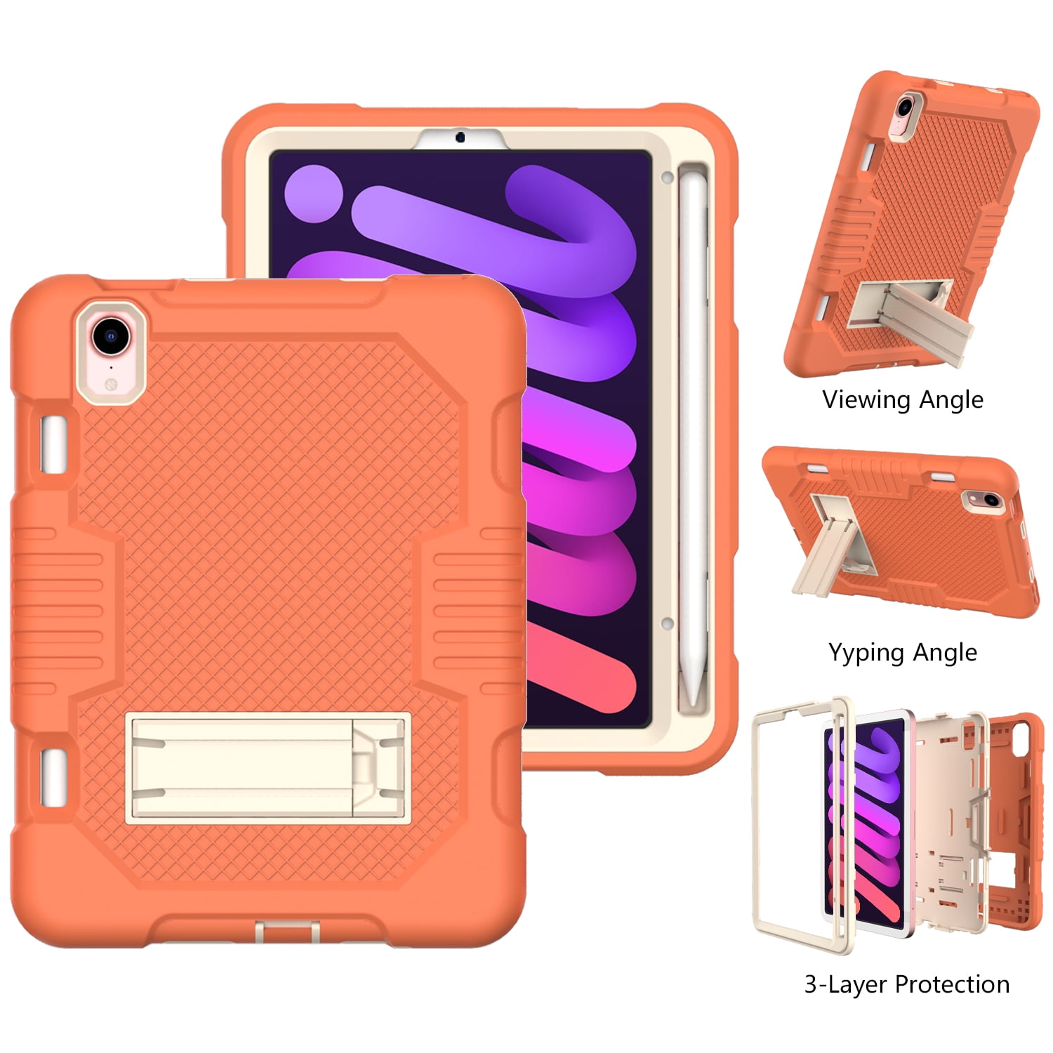 3-in-1 Case for Apple iPad Mini 2021 (8.3 Inch, 6th Generation) Tablet - Silicone/Plastic Composite Case, Shockproof Drop Proof Rugged Cover, Built-in Pencil Holder Kickstand Hard Shell (Orange)