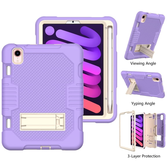3-in-1 Case for Apple iPad Mini 2021 (8.3 Inch, 6th Generation) Tablet - Silicone/Plastic Composite Case, Shockproof Drop Proof Rugged Cover, Built-in Pencil Holder Kickstand Hard Shell (Purple)