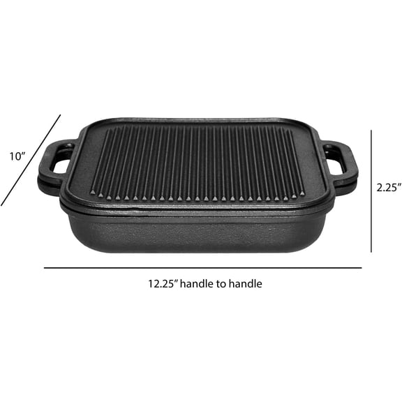 3-in-1 Cast Iron Skillet with Double Sided Griddle, 3, Black