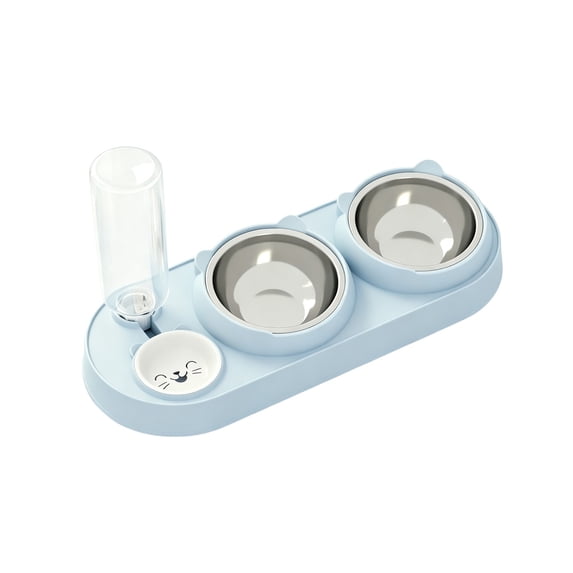 3 in 1 Cat Bowl,Cat Food and Water Bowl Set with Water Dispenser and Stainless Steel Bowls,Double Bowls Design,15-degree Tilted Pet Feeder,Blue