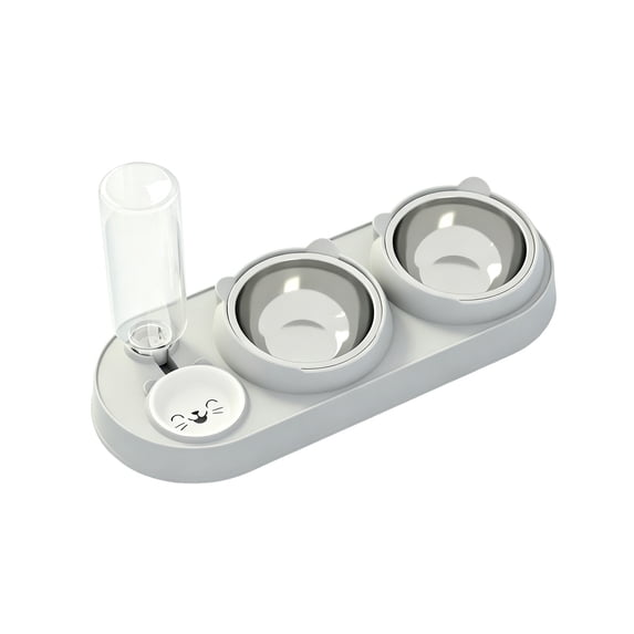 3 in 1 Cat Bowl,Cat Food and Water Bowl Set with Water Dispenser and Stainless Steel Bowls,Double Bowls Design,15-degree Tilted Pet Feeder,Gray