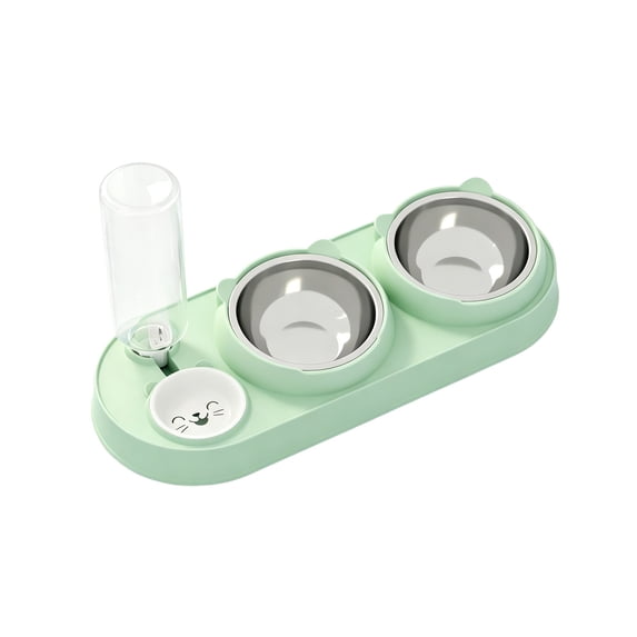 3 in 1 Cat Bowl,Cat Food and Water Bowl Set with Water Dispenser and Stainless Steel Bowls,Double Bowls Design,15-degree Tilted Pet Feeder,Green