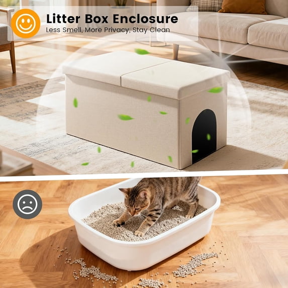 3-in-1 Cat Litter Box Enclosure with Odor Control, Multi-Functional Hidden Litter Box Furniture Bench, Dog Proof, Space-Saving Ottoman Cabinet with Flip-Up Lid, Storage Footrest, Beige