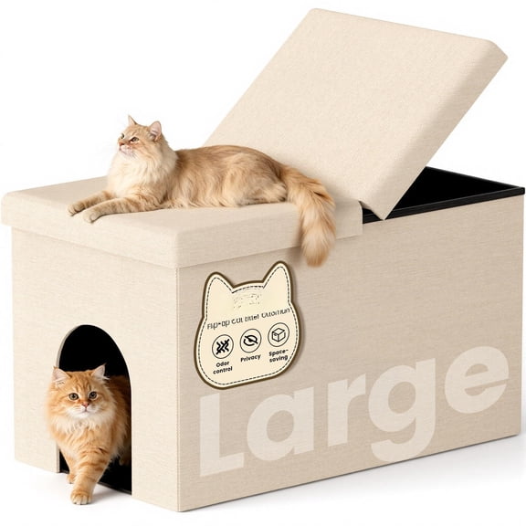 3-in-1 Cat Litter Box Enclosure With Odor Control Multi-functional Hidden Furniture Bench Dog Proof Space-saving Ottoman Cabinet Flip-up Lid Storage Footrest Beige