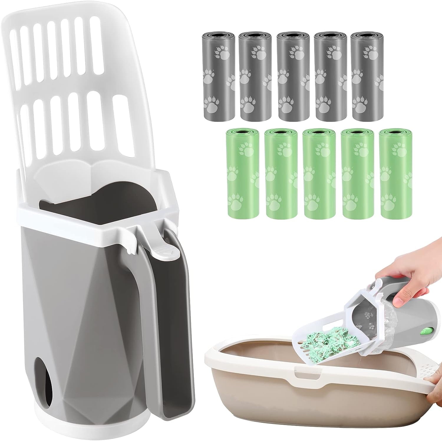 3-in-1 Large Cat Litter Scoop with Holder, 200 Refill Bags - For 1~2 ... - Cat Litter Bags With Built In Scoop
