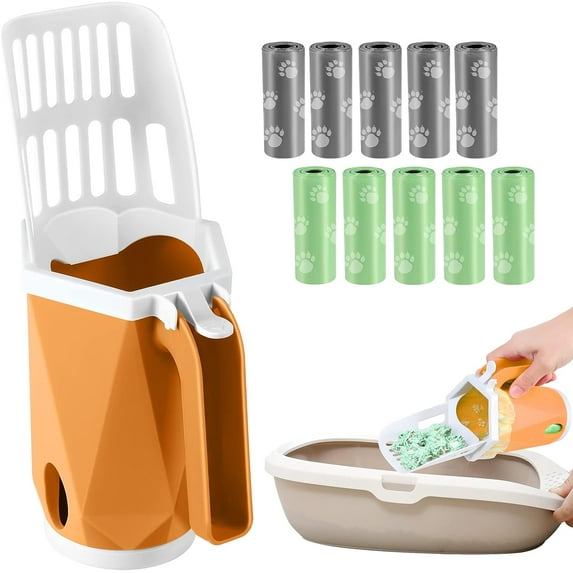 3-in-1 Cat Litter Scoop with Holdor - Large Portable Integrated Cat Litter Scooper with 200 Refill Bags Kitty Litter Scoop Shovel for 1~2 Cats or Kitten (Yellow)