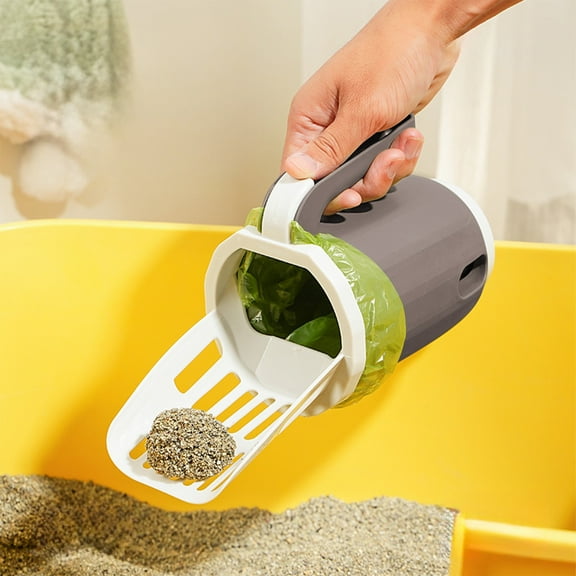 3-in-1 Cat Litter Scoop with Holder & Waste Container (9.84x5.51x4.33in) | Portable Kitty Poop Disposal System | Plastic, with 1 Garbage Bag,Gray