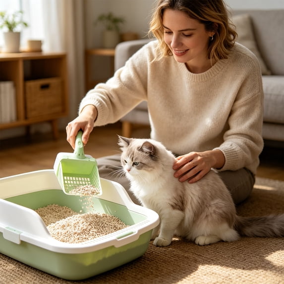 3-in-1 Cat Litter Scooper with Waste Station, Built-in Bag Dispenser & Stand, Portable Litter Box Scoop, Lightweight Plastic Litter Sifter Scoop for Cats