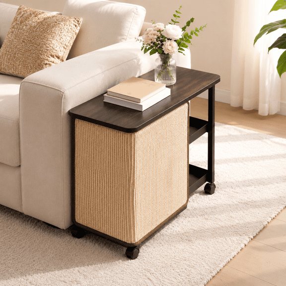 3-in-1 Cat Scratcher Side Table with Storage and Wheels, Dark Walnut - Left