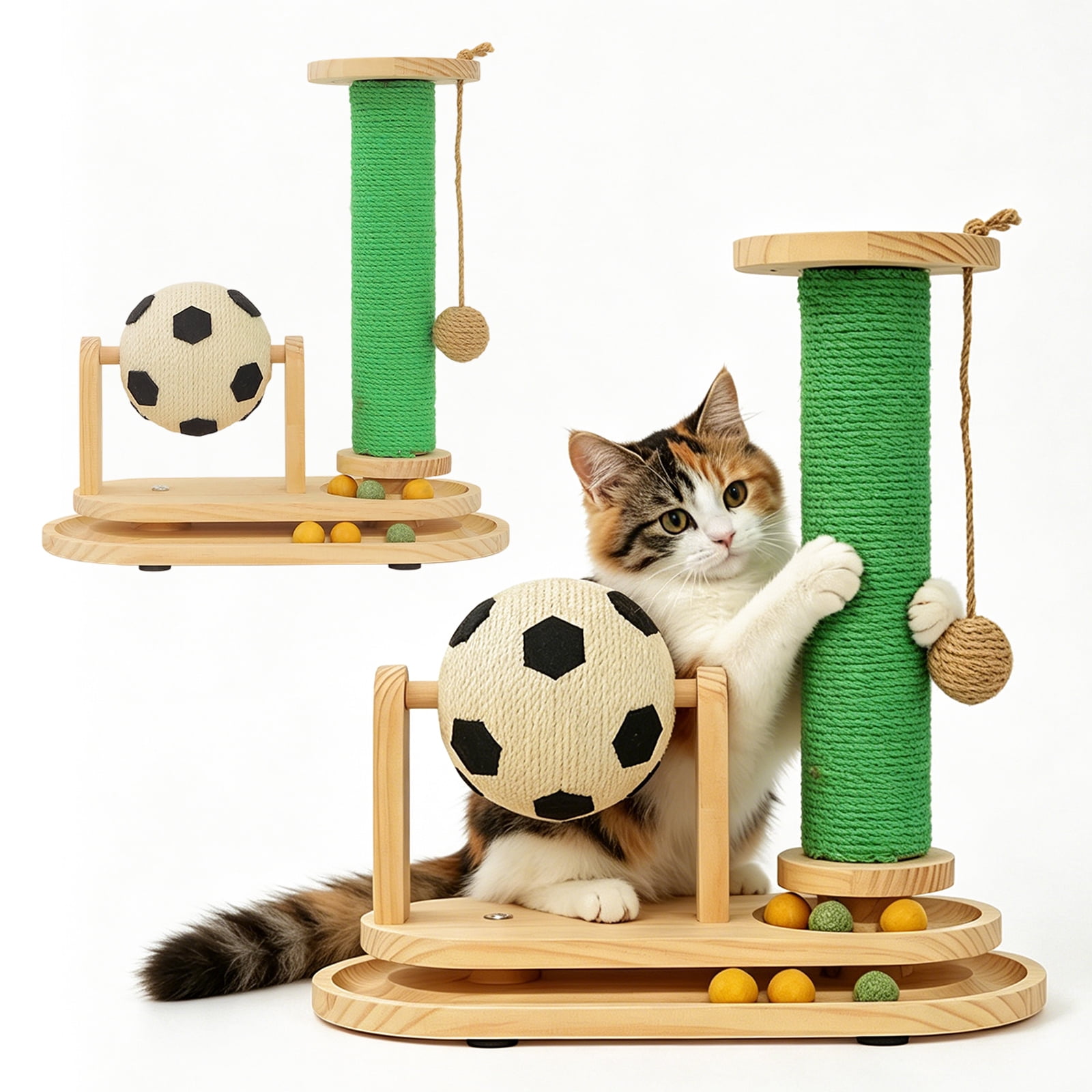 3-in-1 Cat Scratching Post with Interactive Toy Ball, Wooden Cat Toy Track with Sisal Soccer Ball, Indoor Cat Scratcher for Kittens & Adult Cats, Durable Natural Wood Cat Activity Center