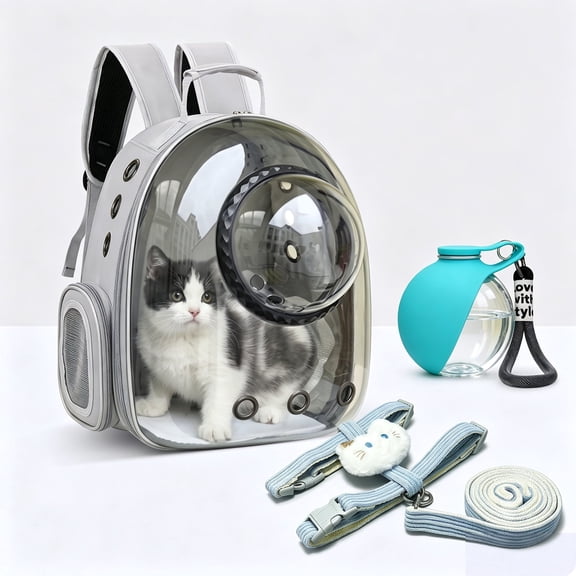 3-in-1 Cat Travel Kit-Space Capsule Backpack Carrier, Clear PET Portable Water Bottle with Foldable Bowl Dispenser, Adjustable Escape-Proof Corduroy Kitten Harness & Reflective Leash Set