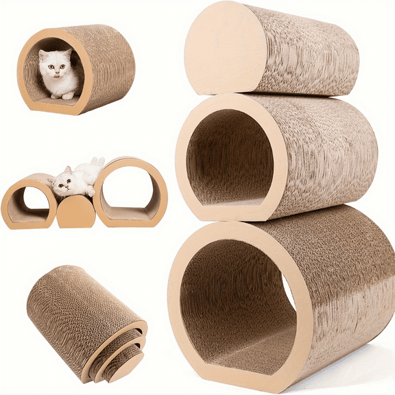 3-in-1 Cat Tunnel Bed & Scratcher Set: Space-Saving Nesting Design with 3 Sizes | Multi-Functional Corrugated Cardboard Cat Furniture for Scratching, Hiding, and Sleeping