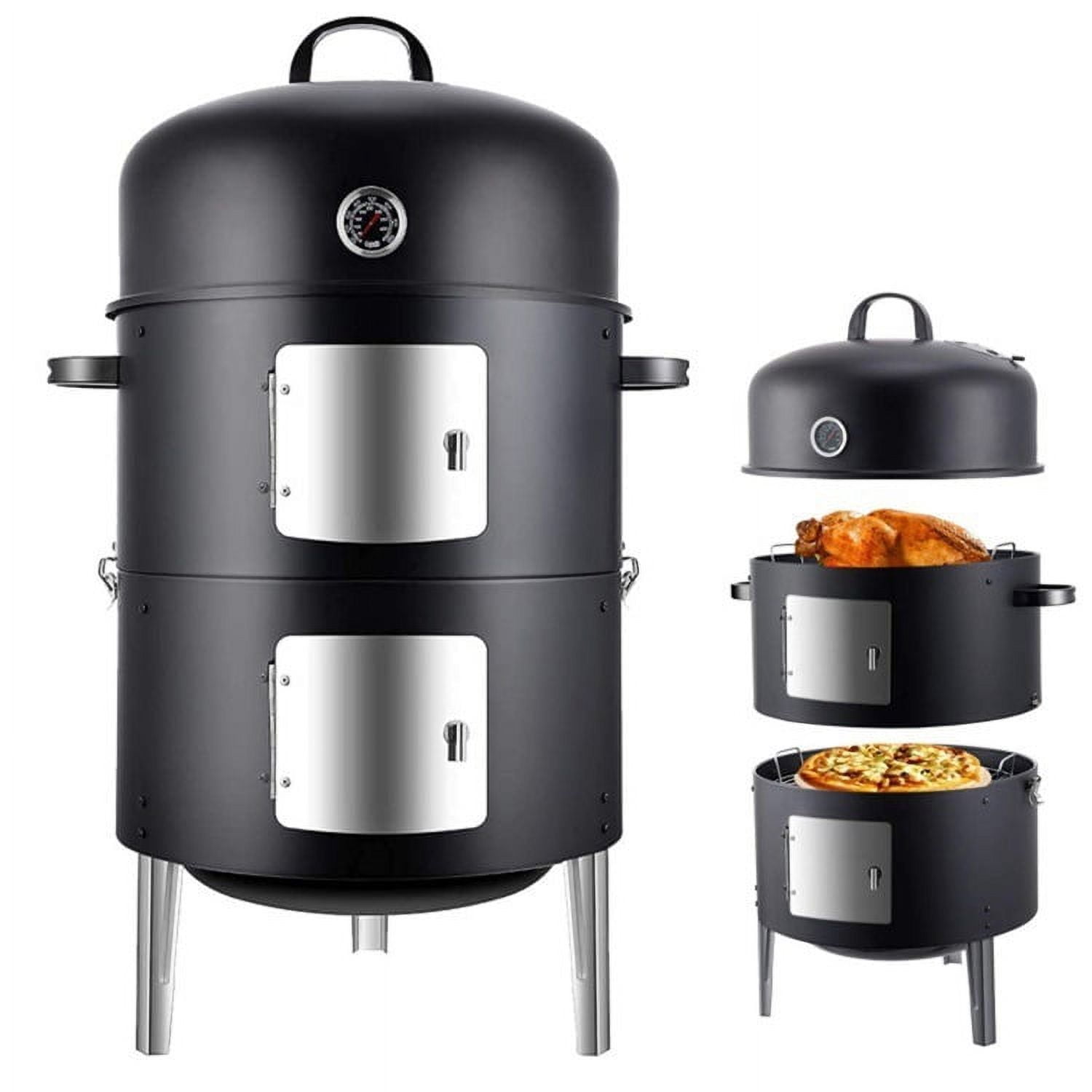 3-in-1 Charcoal BBQ Smoker, Outdoor Grill Cooker with Built-in Thermometer and 6 Ways for Outdoor Backyard Cooking Grilling Camping