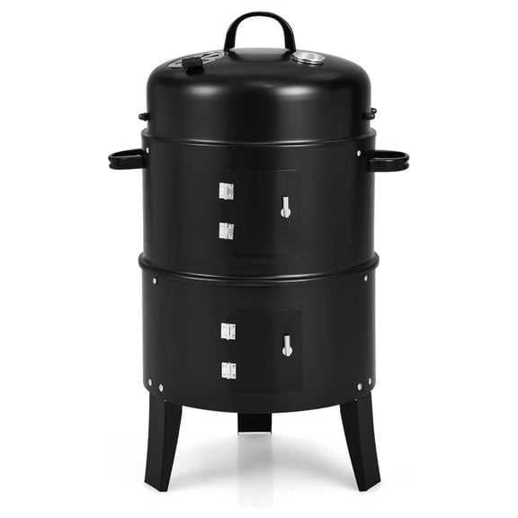 3-in-1 Charcoal Smoker Grill, Outdoor Vertical Charcoal Smoker with Built-in Thermometer & Adjustable Vent System, 2-Layer Separable BBQ Grills for Camping & Family Cooking