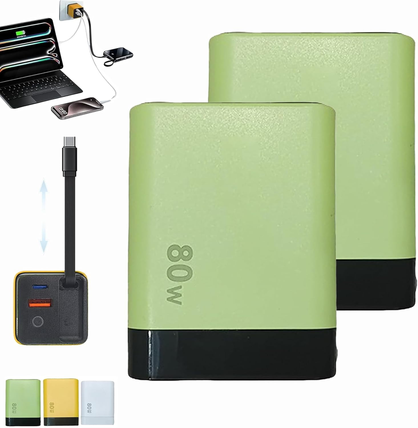 3 in 1 Charger Retractable 80W MAX Fast, Scalable Super Fast Charging with 60cm Type-C Cable and 2 USB Ports, for Smartphones/Tablets/Laptops