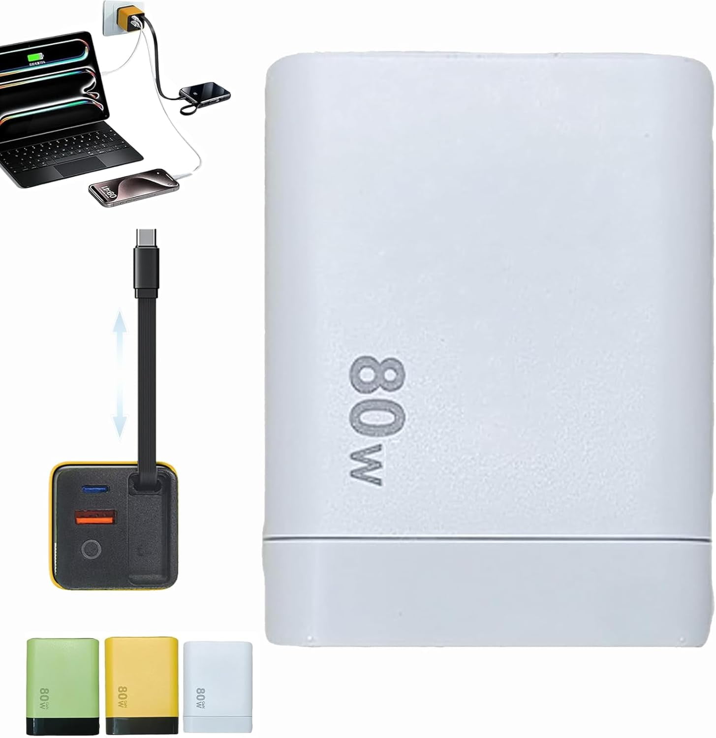 3 in 1 Charger Retractable 80W MAX Fast, Scalable Super Fast Charging with 60cm Type-C Cable and 2 USB Ports, for Smartphones/Tablets/Laptops