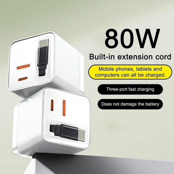 3 in 1 Charger, Scalable 80w Max Fast Charger Module, Charger Retractable Wall Plug with Type-C Cable and 2 USB Ports for Phones, Tablets