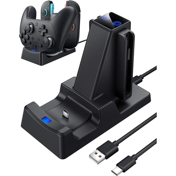 3-in-1 Charging Station for Switch2 OLED & Switch V2 Controllers - Fast Charger Dock with LED Indicator for 2 Joy-Con & Pro Controller, Space-Saving Portable Charging Stand
